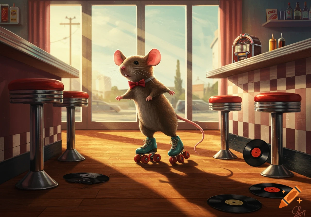 A cute mouse wearing a red bow tie and teal roller skates glides on a wooden floor inside a retro diner.