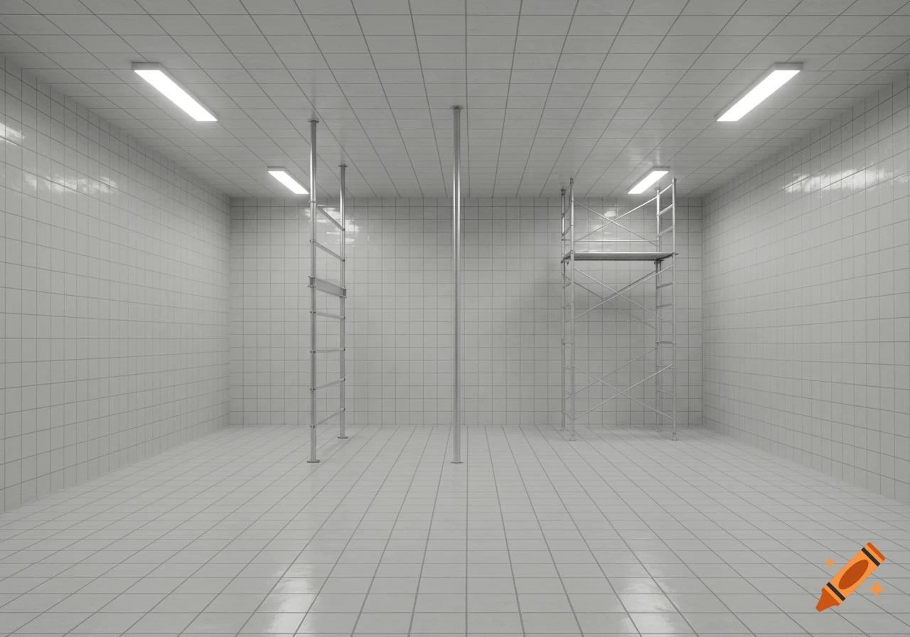 A clean, empty white tiled room with a central metal pole, a tall metal ladder, and a scaffolding unit, all illuminated by bright ceiling lights.