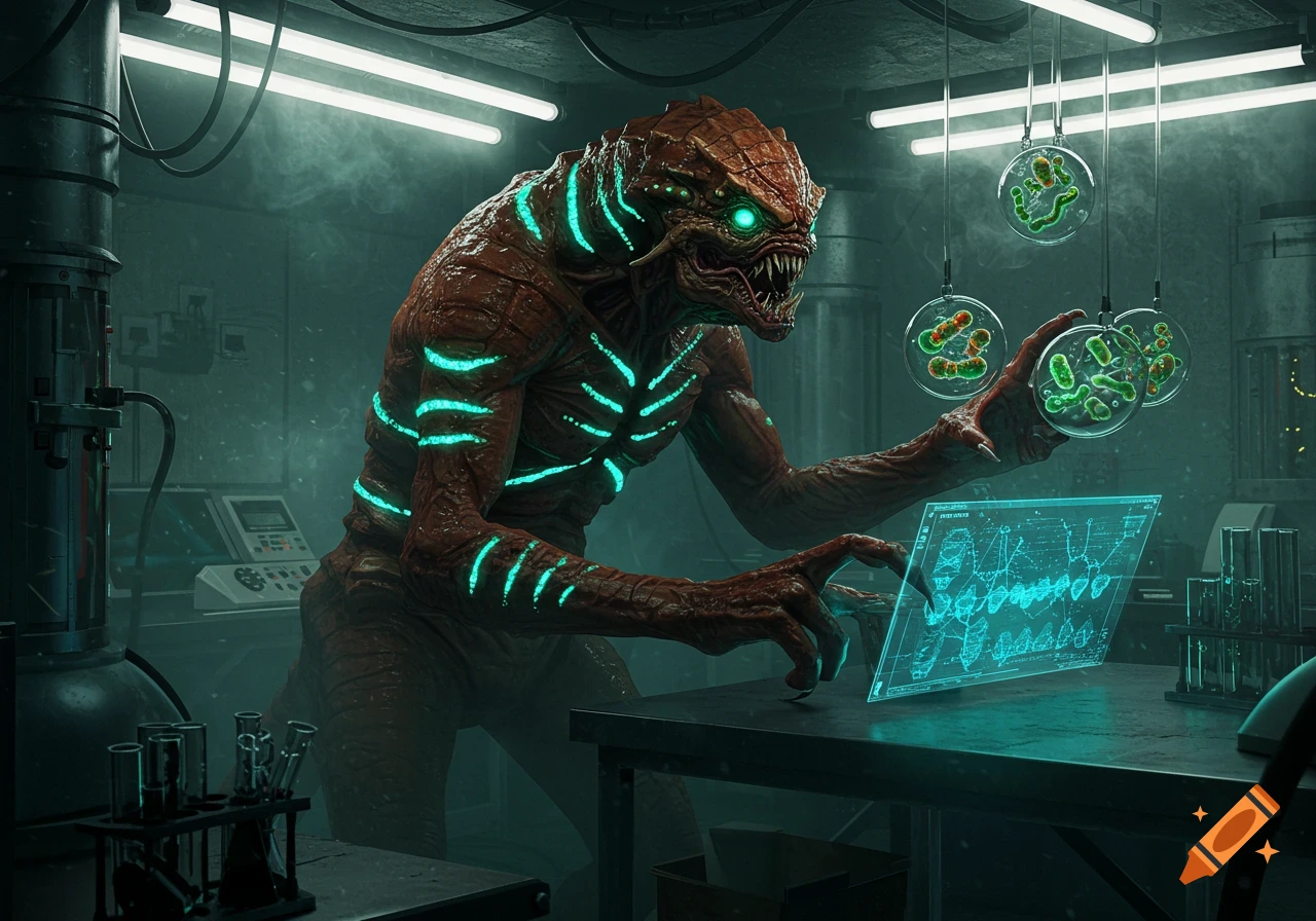 A terrifying, scaly monster with glowing green eyes and cyan bioluminescence stands in a dimly lit science lab, examining a holographic screen and petri dishes filled with microorganisms.