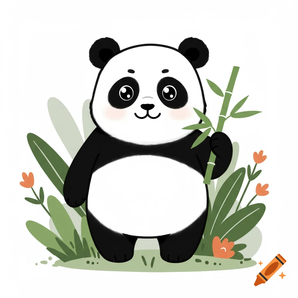 A cute cartoon panda holding a bamboo stick, surrounded by green leaves and orange flowers, on a white background.