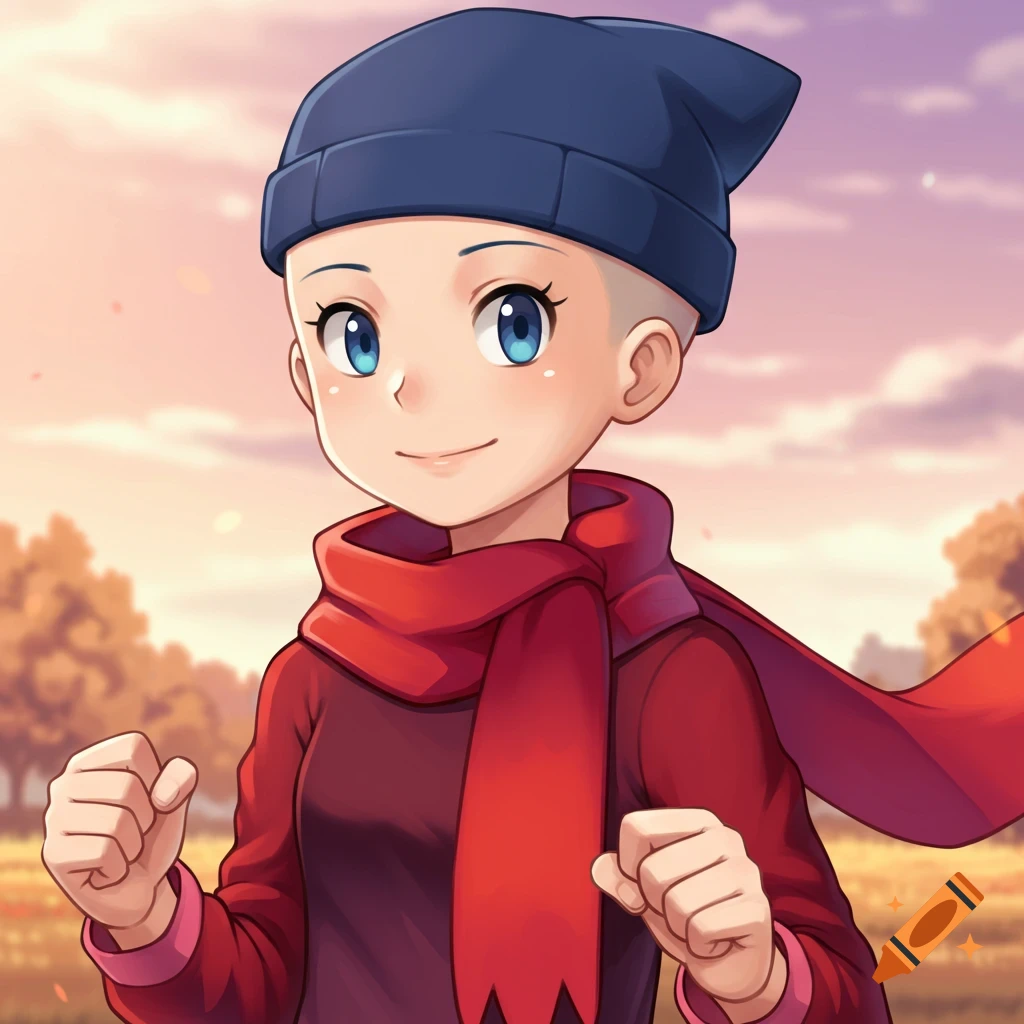 Anime character Dawn from Pok mon, bald and wearing a blue beanie, red scarf, and dark red sweater, smiling with clenched fists outdoors.