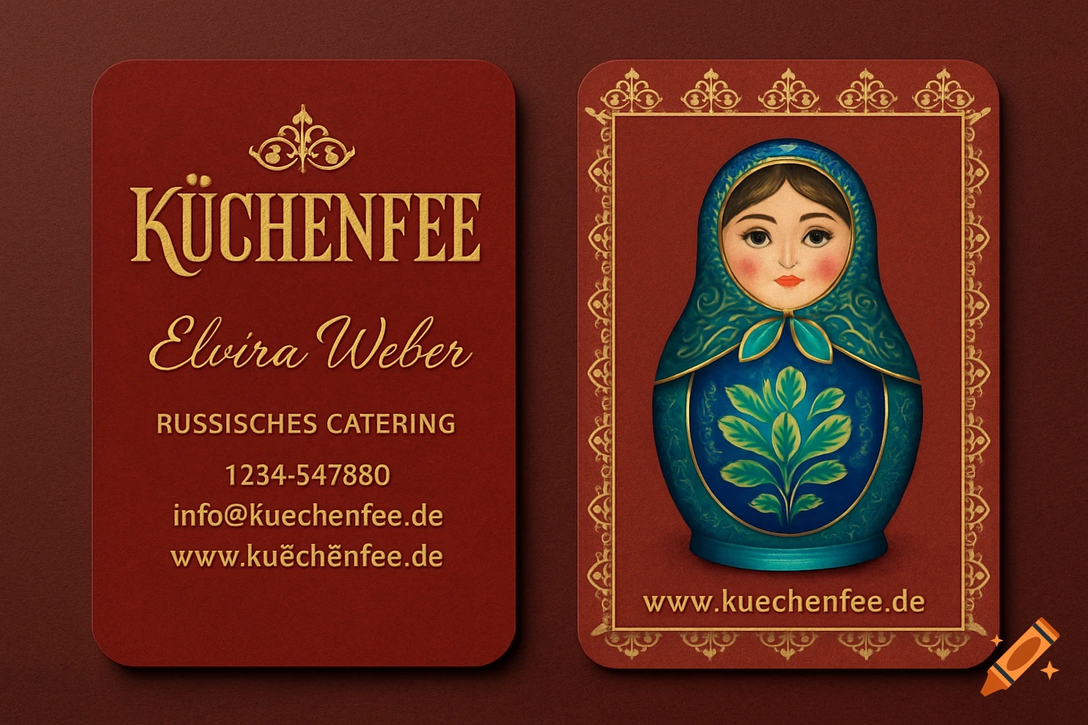 A two-sided business card design for "Küchenfee" Russian catering, featuring a Matryoshka doll on one side and contact information on the other.