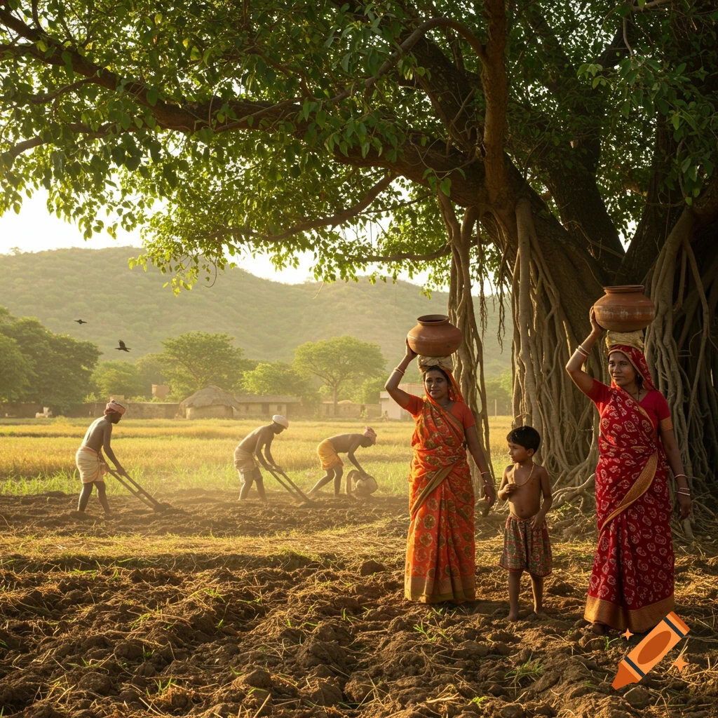 Men plow fields while women carry water pots on their heads in a sunlit rural Indian village, with a large Banyan tree and mountains in the background.