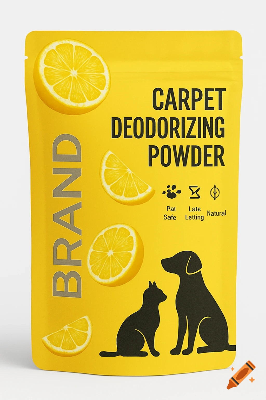 A bright yellow pouch of lemon-scented carpet deodorizing powder for pets, featuring lemon slices, and black silhouettes of a cat and a dog.