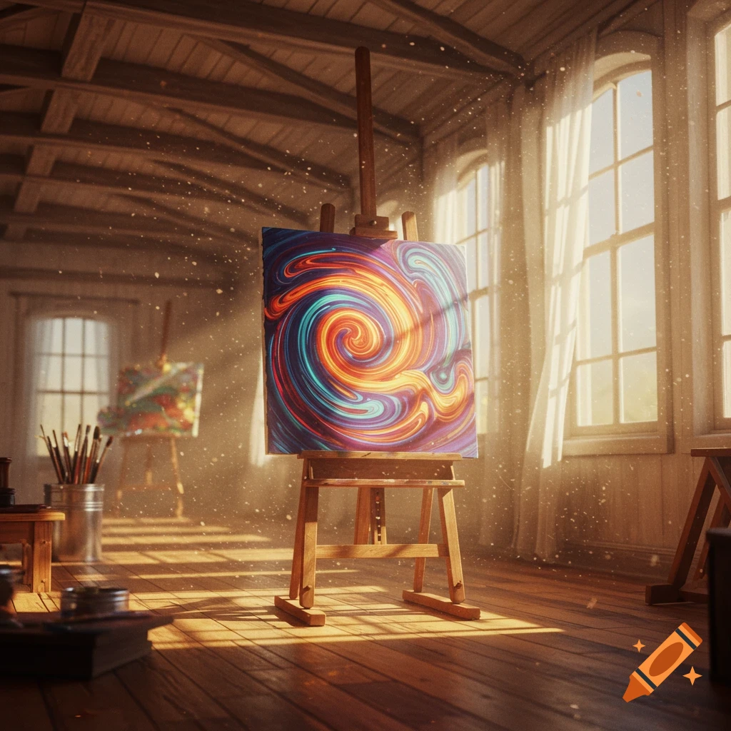 A sunlit artist's studio with a vibrant abstract painting on an easel, paintbrushes in a pot, and wooden floors.