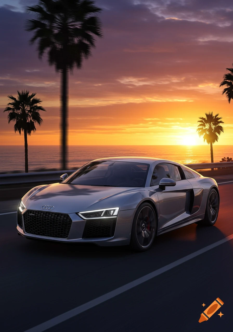 A silver Audi R8 sports car drives on a coastal road at sunset, with palm trees and the ocean in the background.