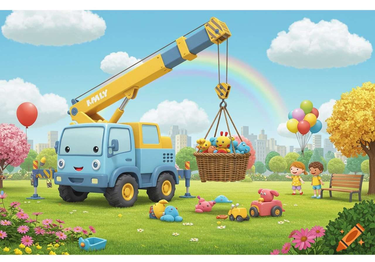 Cartoon crane truck lifting a basket of toys in a sunny park with children, balloons, and a rainbow.