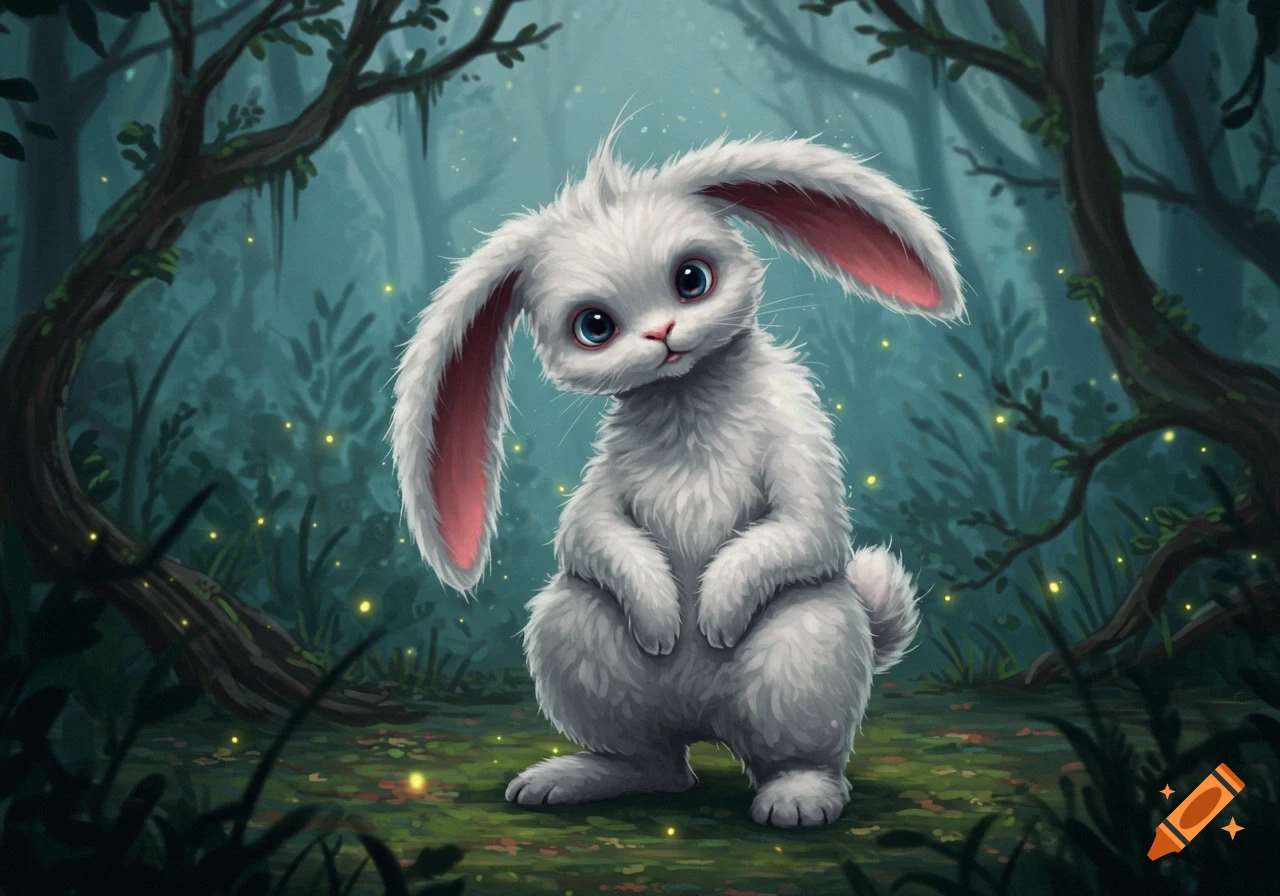 A cute, fuzzy white rabbit with large ears tilting its head, standing in a dark fantasy forest with glowing fireflies.