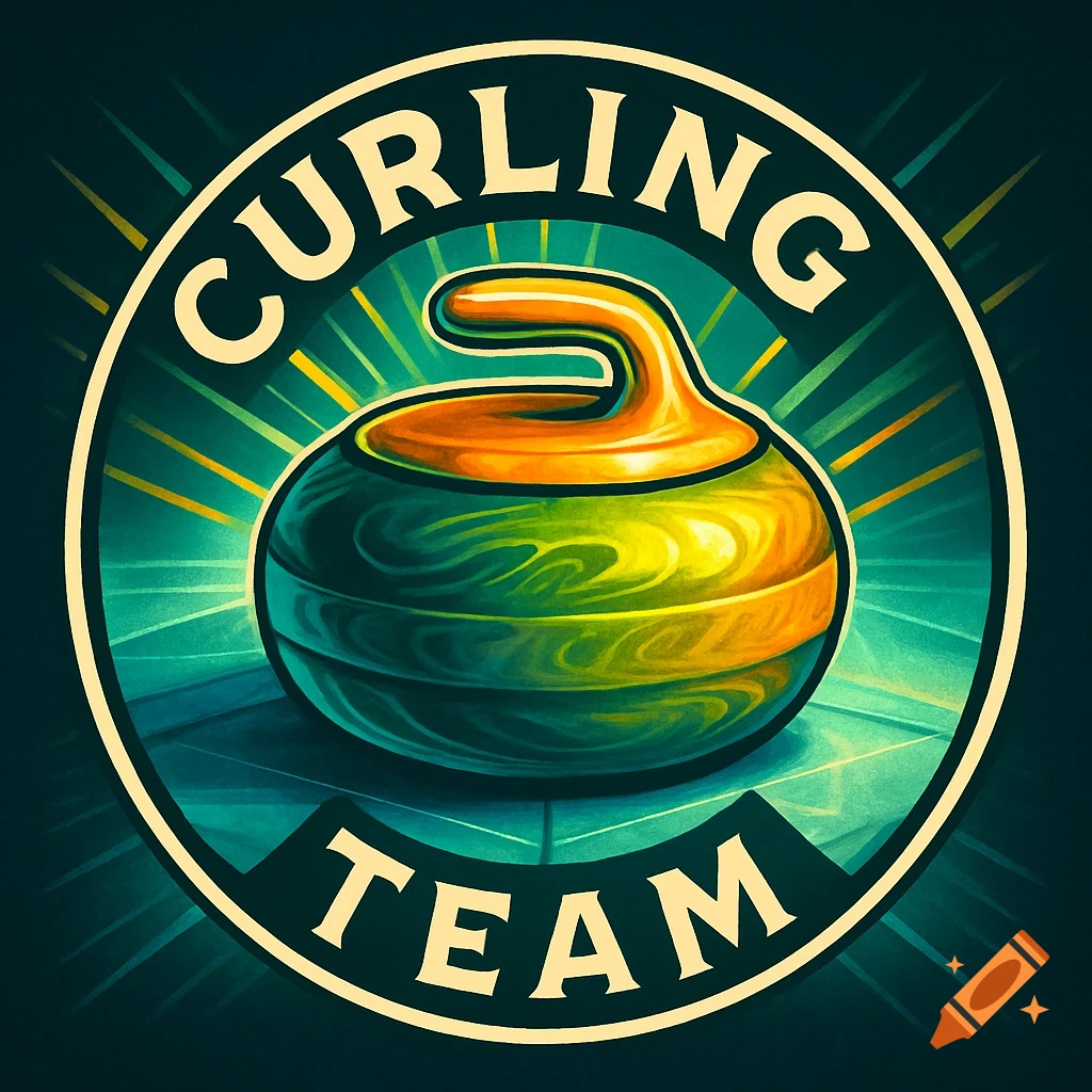 A vibrant curling team logo featuring a green, yellow, and orange curling stone, with 'CURLING TEAM' text.