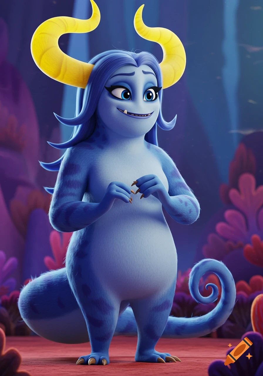 A friendly blue cartoon monster with yellow horns, blue hair, sharp teeth, and claws stands on an alien landscape.