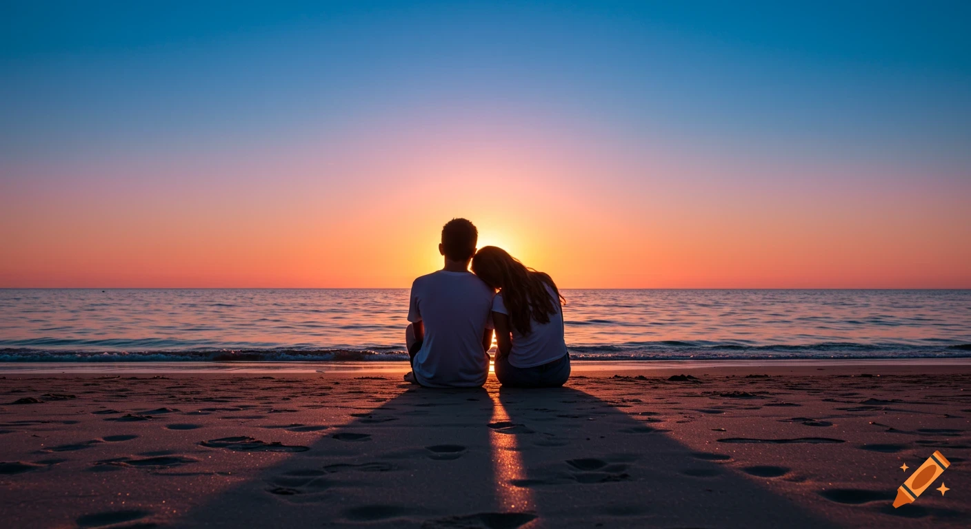 A couple sits on a beach watching a vibrant pink and blue sunset over the ocean, with shadows cast behind them.