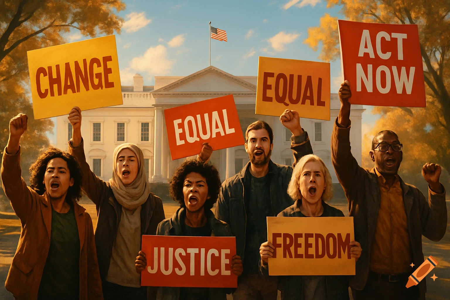 Diverse people protest in front of the White House, holding signs for change, equality, justice, freedom, and action.