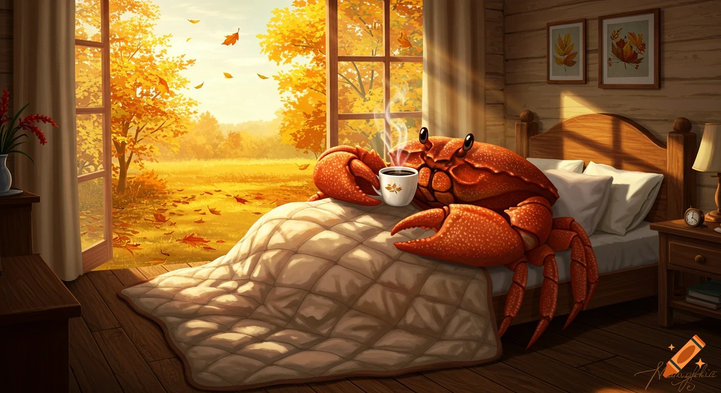 A whimsical red crab sips coffee in a cozy bed, looking out at a vibrant autumn landscape with golden trees and falling leaves.