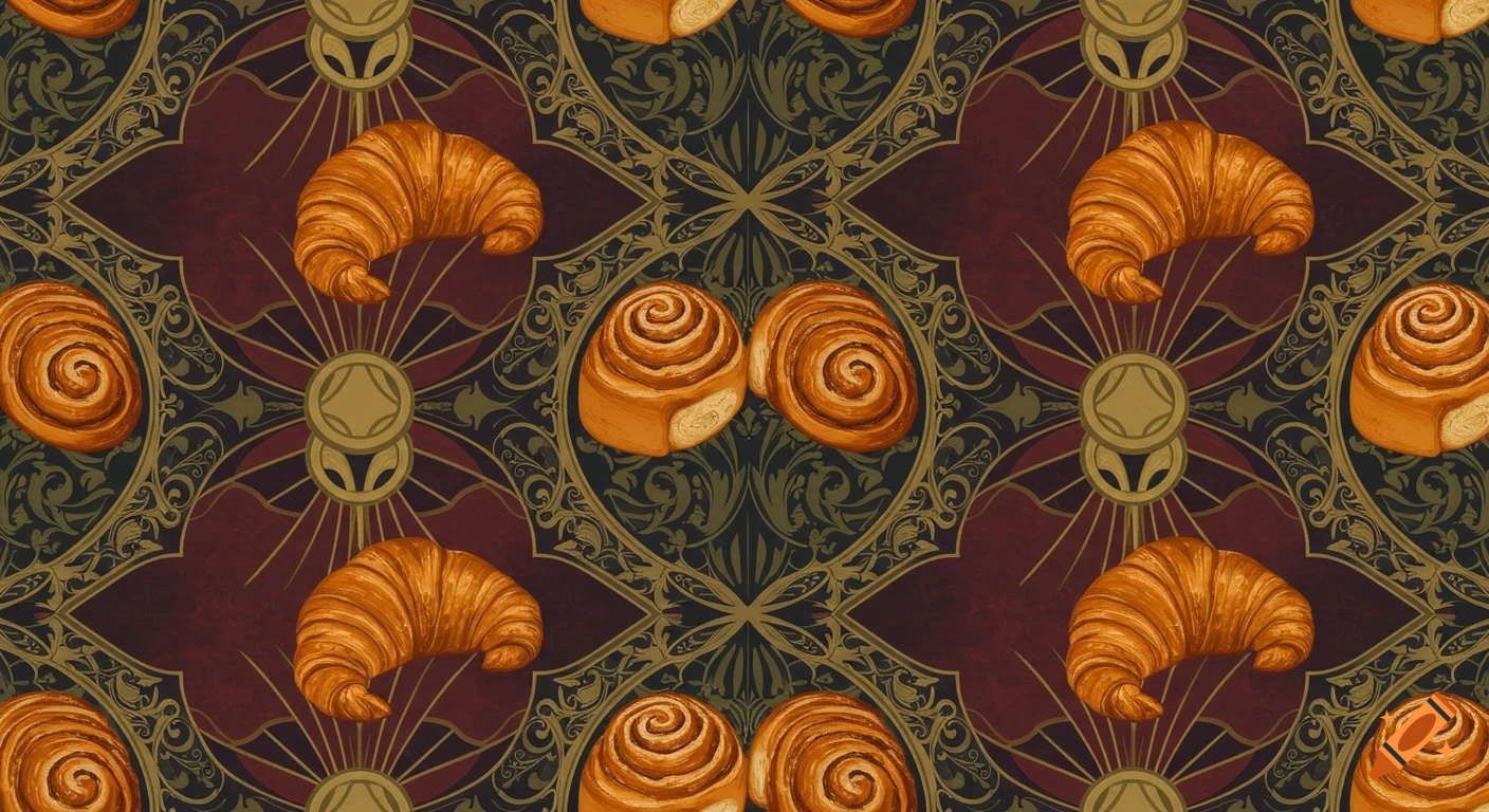 Seamless Art Deco pattern with golden croissants and cinnamon rolls on a dark red and gold ornate background, in William Morris style.