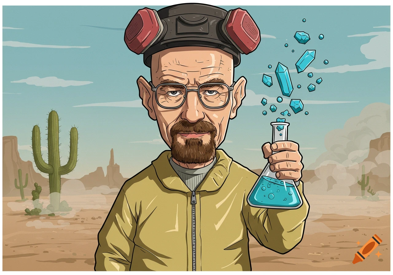 A cartoon caricature of Walter White, bald with a goatee and glasses, wearing a respirator. He holds a beaker with blue liquid while blue crystals float around him in a desert.