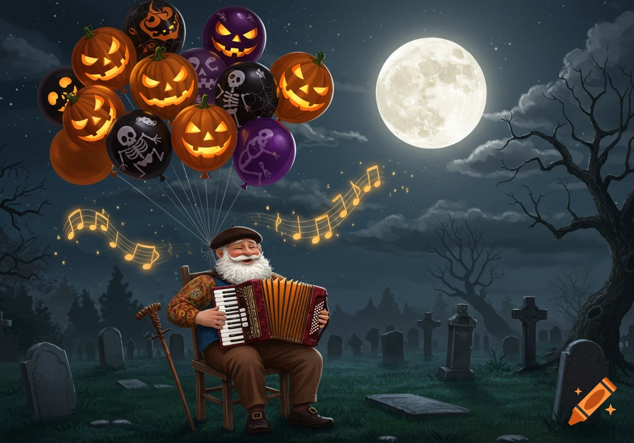 An old, smiling man with a white beard and beret plays an accordion in a spooky cemetery at night, with a full moon and Halloween balloons floating above.
