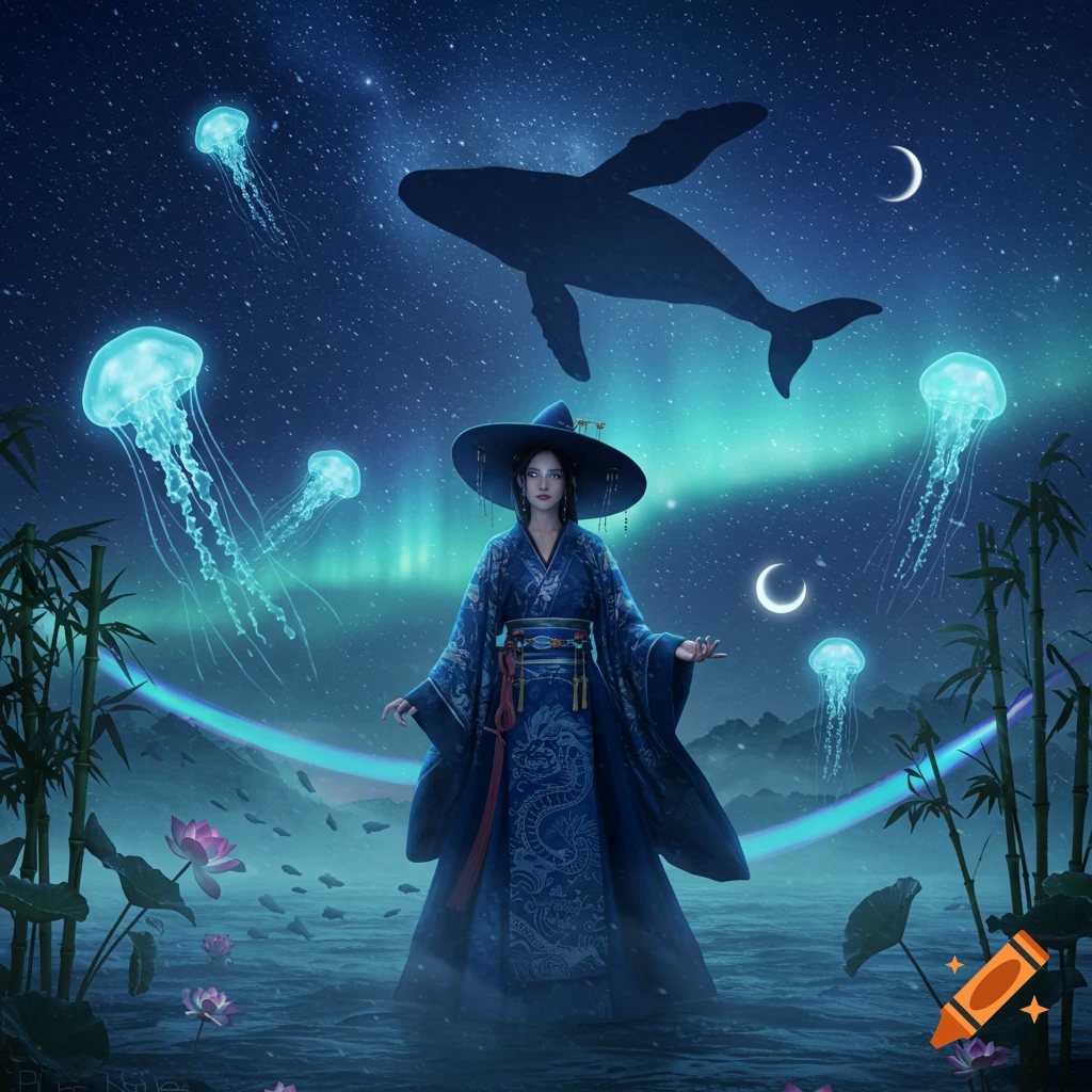 Ethereal witch in indigo robe stands in water under a starry aurora sky with a whale silhouette, glowing jellyfish, moons, bamboo, and lotus flowers.