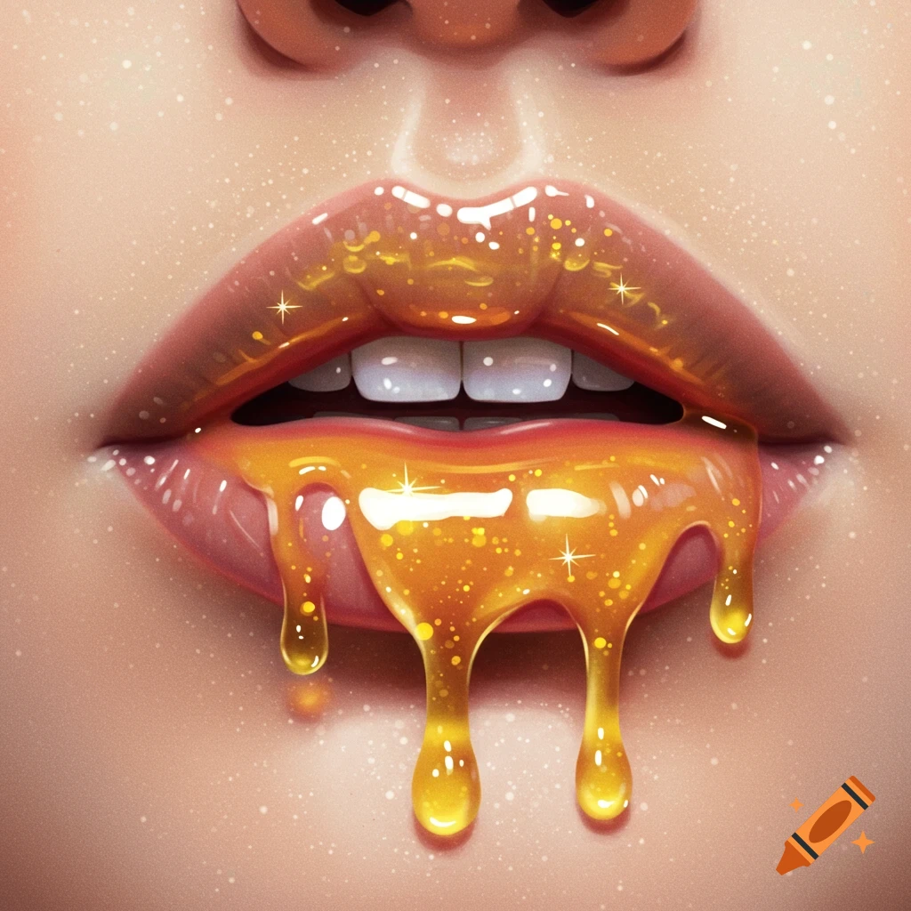 Close-up digital art of glossy lips with sparkling golden honey dripping down, against a soft-focus background.