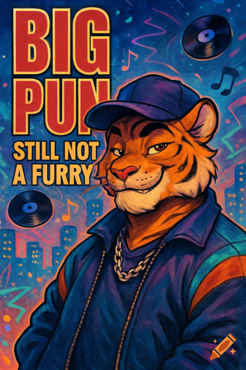 A cartoon anthropomorphic tiger wearing a blue cap and gold chain smiles against a neon city and records, with text 'BIG PUN STILL NOT A FURRY'.