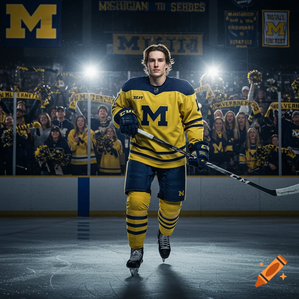 A young male hockey player in a yellow and blue Michigan uniform stands on an ice rink with a stick, fans in background, photorealistic style.