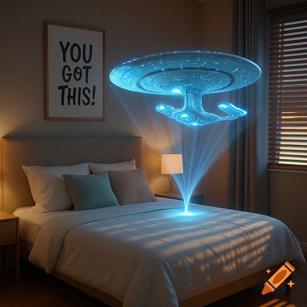 Photorealistic bedroom scene with a glowing holographic USS Enterprise D above a bed and a 'You Got This!' poster.