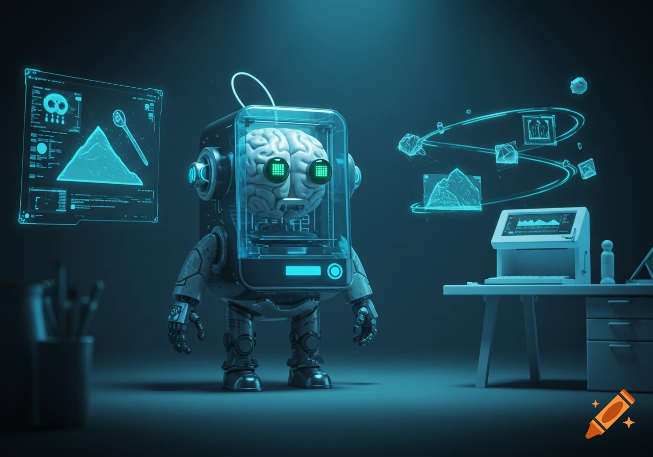 A cute robot character with a visible brain in a transparent head and glowing green eyes stands in a dark room filled with holographic displays and computer equipment, in a sci-fi digital art style.