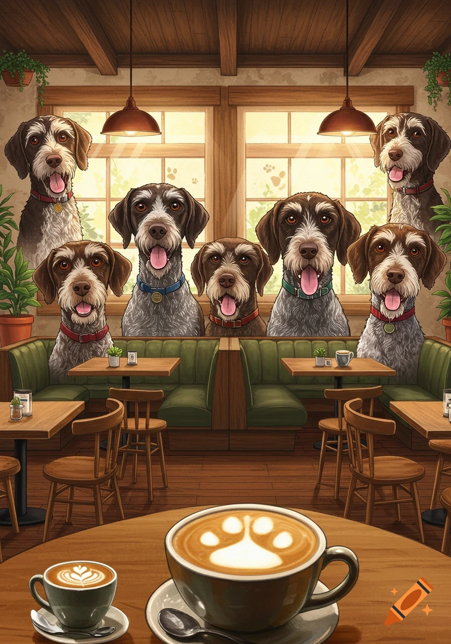 Whimsical illustration of several German Wirehaired Pointers peering over green booths in a cozy cafe, with coffee cups on wooden tables in the foreground.