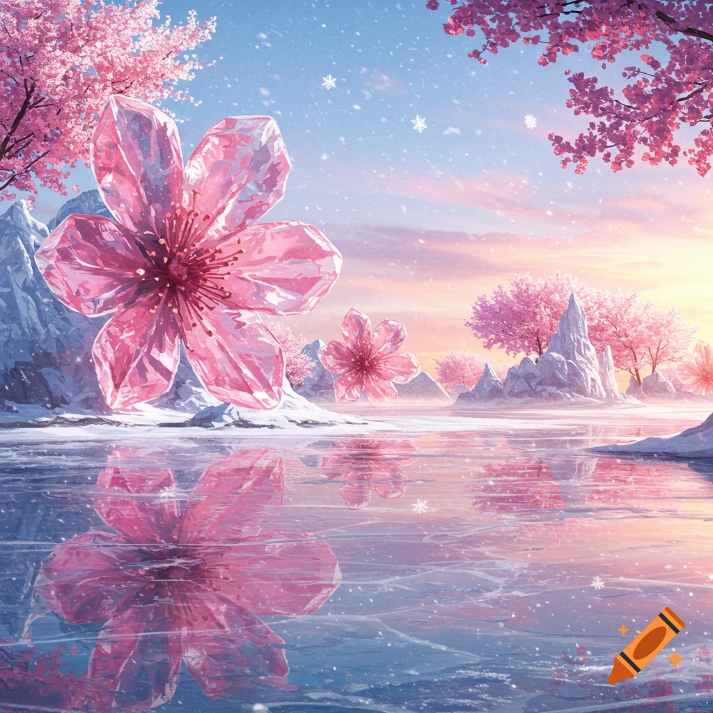 Fantastical winter landscape with pink cherry blossoms, crystal flowers, snowy mountains, and an icy lake with reflections under a pastel sky.