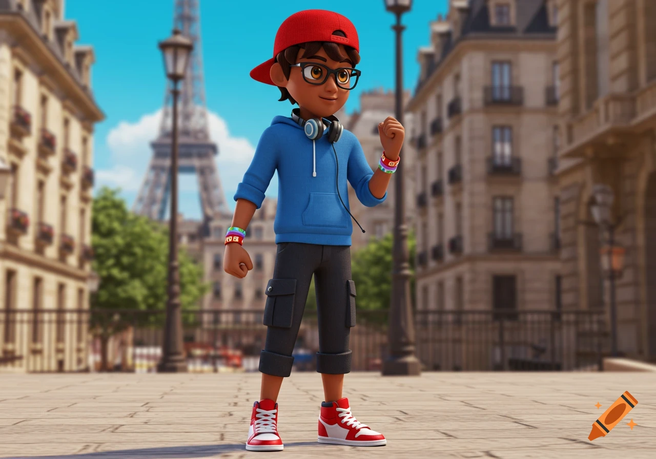 A cartoon boy with dark skin, a red cap, glasses, blue hoodie, cargo pants, and red-and-white sneakers stands in Paris with the Eiffel Tower in the background.