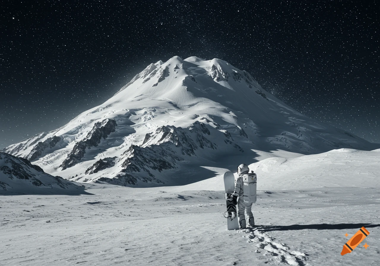 A photorealistic image of an astronaut holding a snowboard, standing on a snowy, mountainous lunar landscape under a starry night sky.