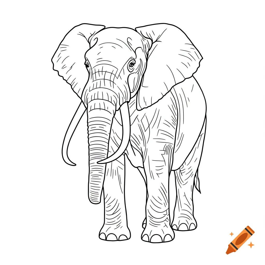 A detailed black and white line art drawing of an elephant, facing forward with large ears and tusks, suitable for a coloring book.
