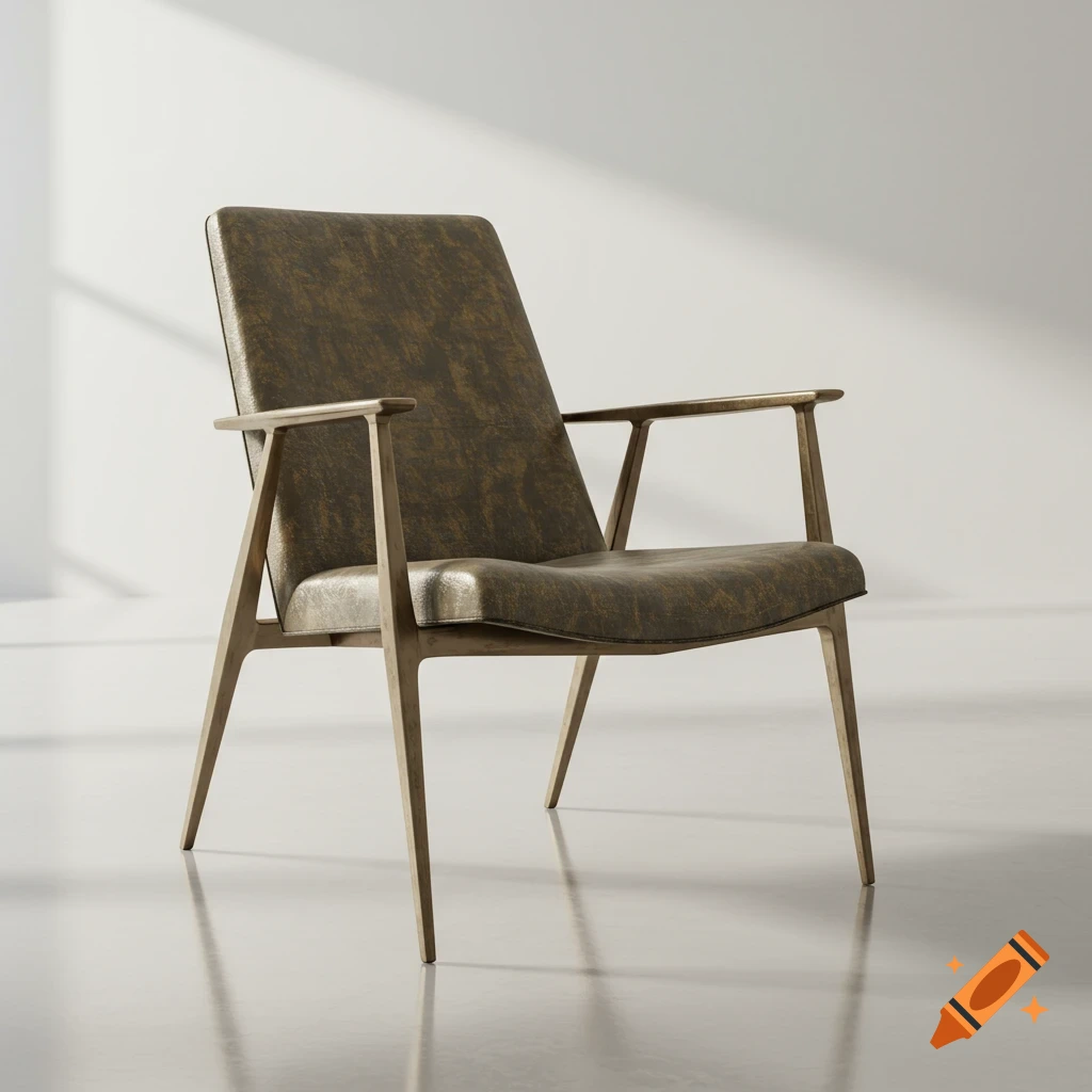 A modern armchair with dark, textured upholstery and light wooden frame, casting reflections on a bright floor against a white wall.