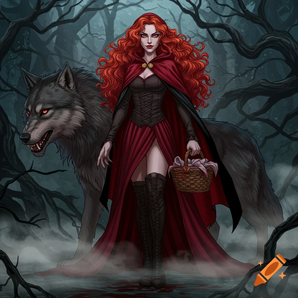 Illustrated villainous Red Riding Hood with red hair and cloak, holding a basket, with a wolf in a dark, foggy forest with blood.