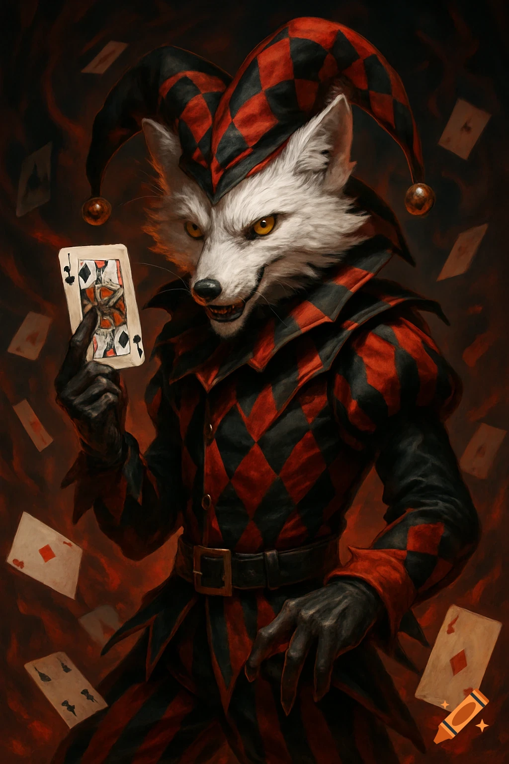 A dark fantasy art portrait of an anthropomorphic white fox jester holding a Jack of Spades with cards floating around.