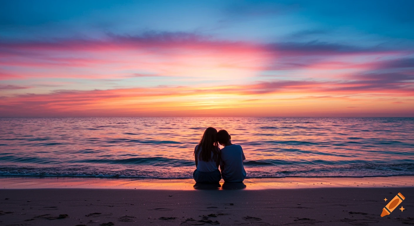 A couple sits on a beach facing a colorful pink and blue sunset over the ocean, with shadows cast behind them.