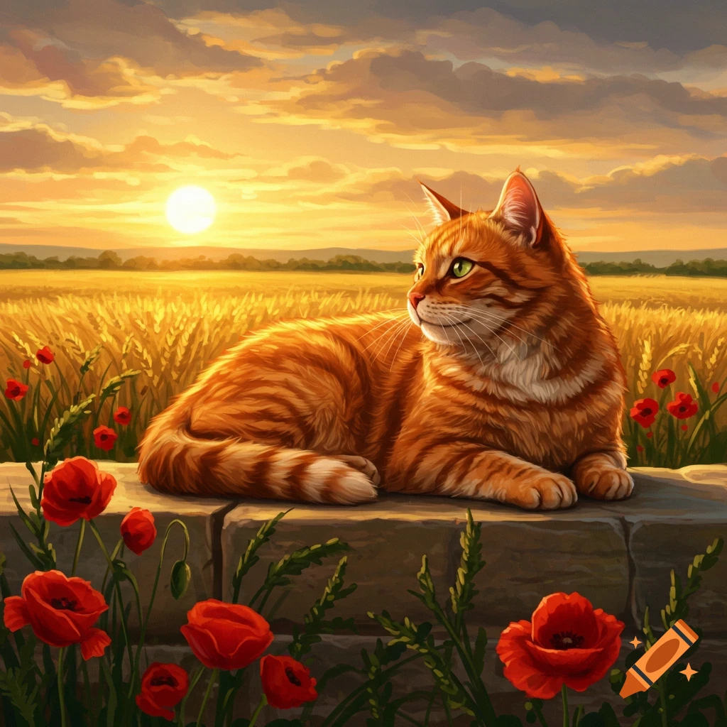 Illustrative image of an orange tabby cat lying on a stone wall, with red poppies, a wheat field, and a sunset in the background.