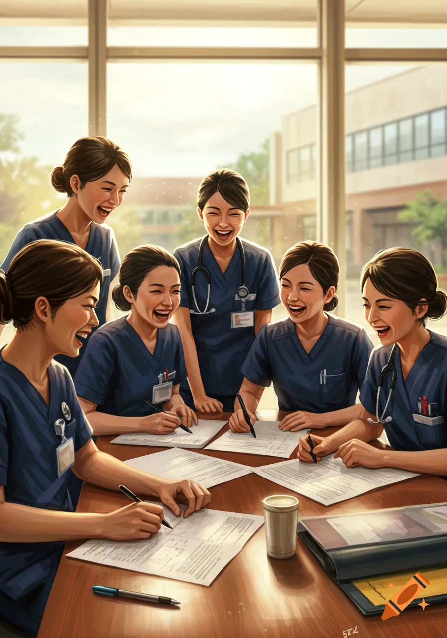 Illustration of six smiling nurses in navy scrubs writing on papers at a table in a bright room.