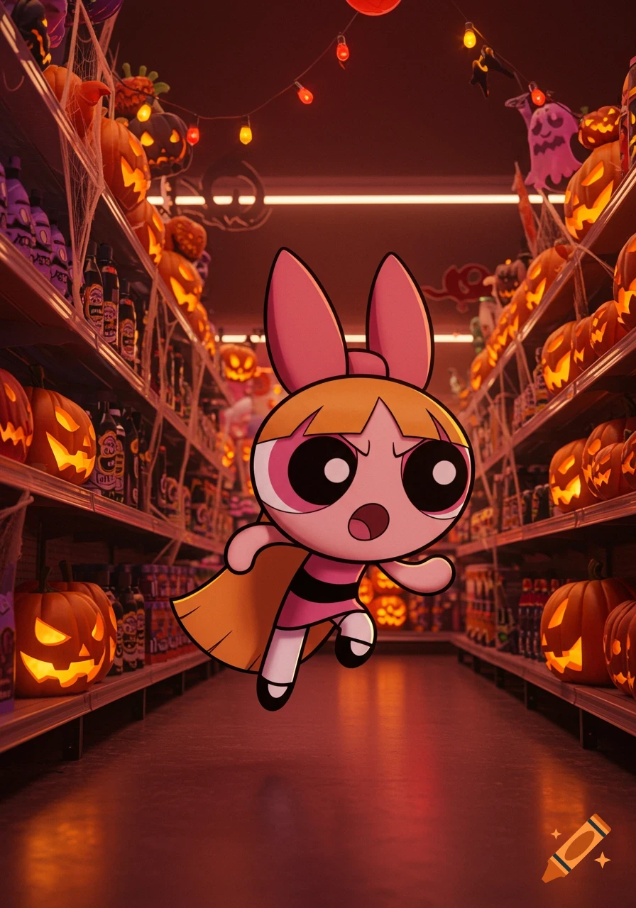 Blossom from the Powerpuff Girls runs through a Halloween store aisle decorated with glowing jack-o'-lanterns.
