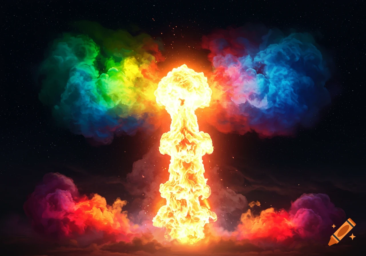 A vibrant, colorful mushroom cloud explosion with a central pillar of orange flames surrounded by rainbow smoke against a starry sky.
