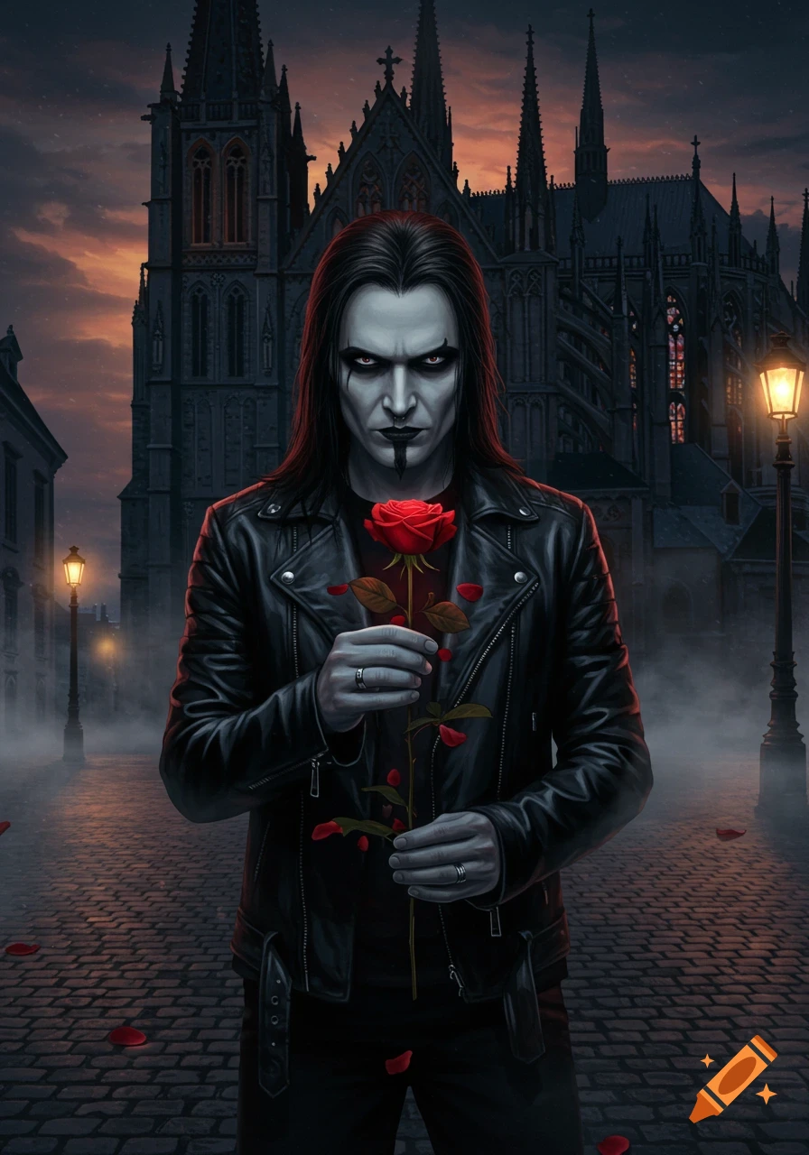 A gothic man in a leather jacket holds a red rose in front of a cathedral at dusk on a cobblestone street, dark fantasy art.