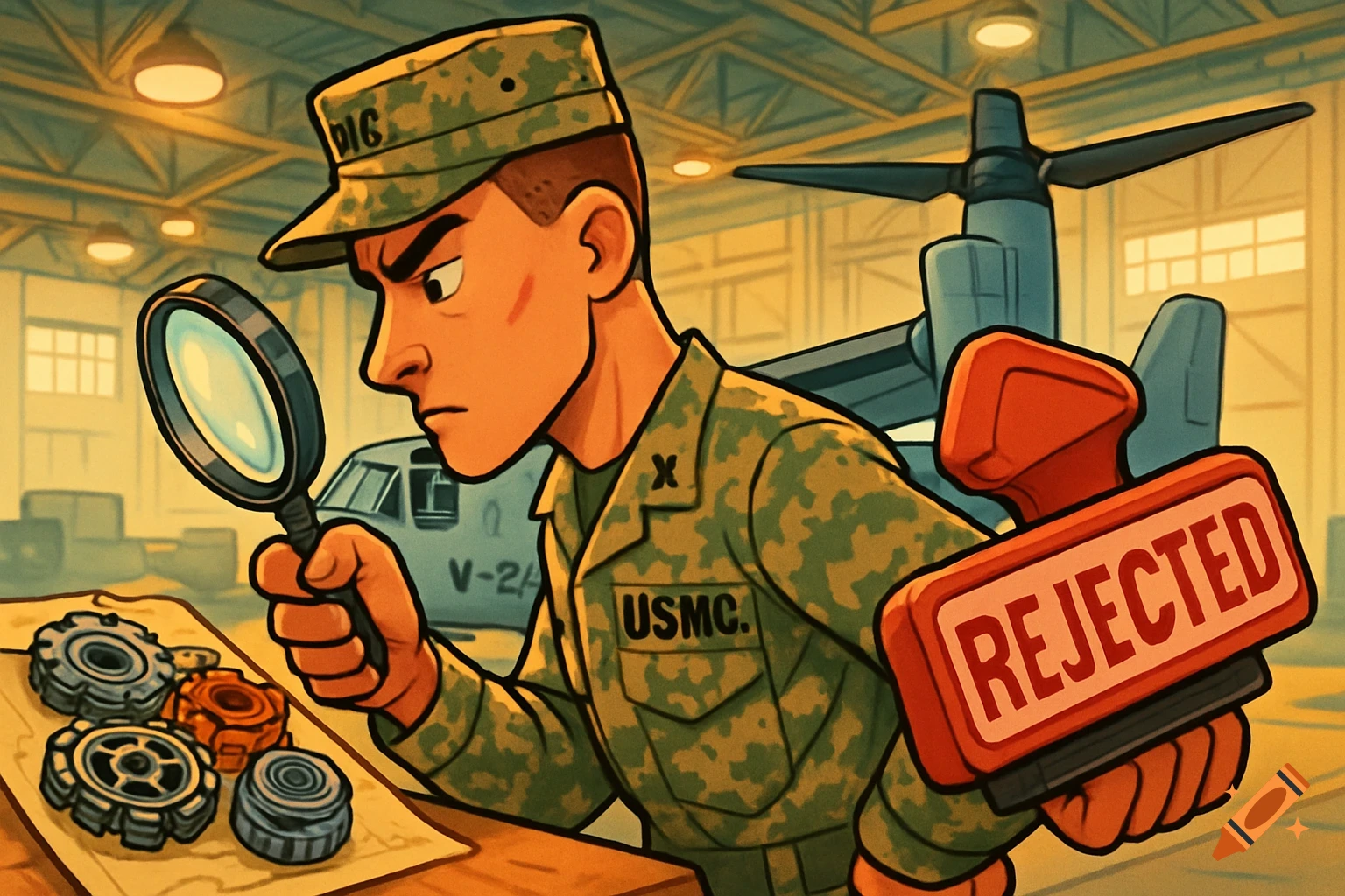 A cartoon marine in camouflage inspects gears with a magnifying glass, holding a large "REJECTED" stamp. An Osprey aircraft is in the background.