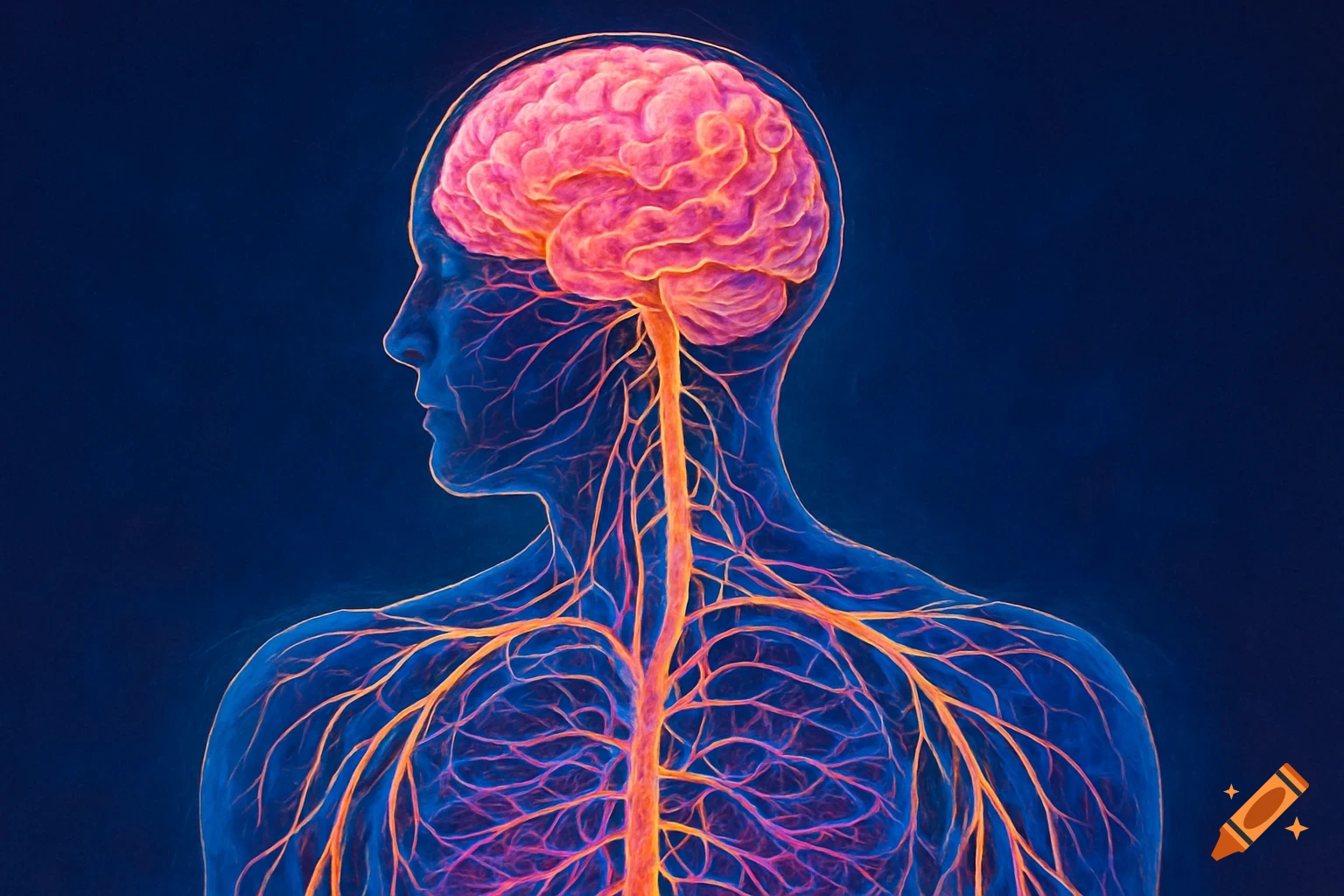 Stylized illustration of a man's head and upper torso with a glowing pink brain, orange nerves, and a blue silhouette.