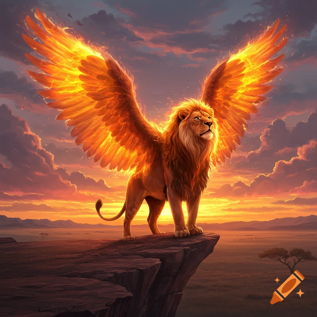 A majestic lion with fiery, angelic wings stands on a rocky cliff overlooking a savanna at sunset. Digital painting.