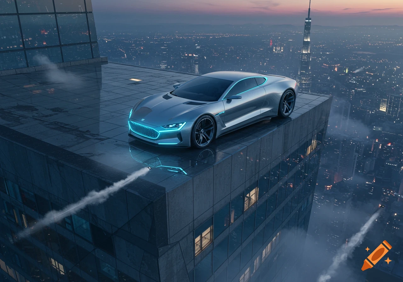A sleek, futuristic silver car with neon blue lights on a skyscraper rooftop overlooking a vast city skyline at dusk.