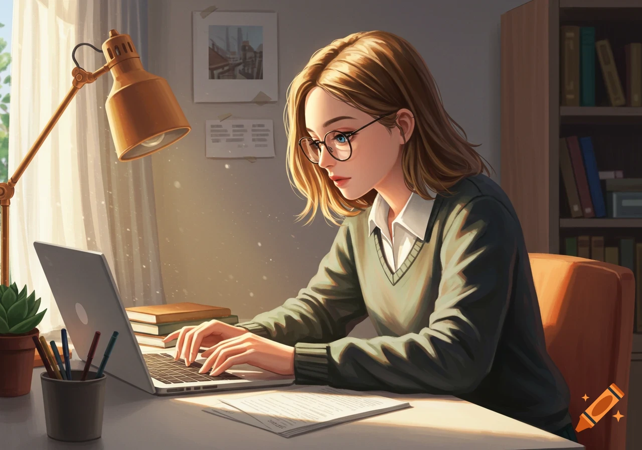 Animated young woman with glasses typing on a laptop at a sunny desk, surrounded by books.