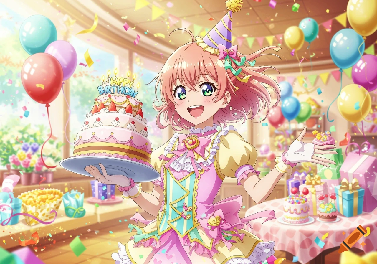 An excited anime girl with pink hair and a party hat holds a tiered birthday cake in a festive room filled with balloons and confetti.