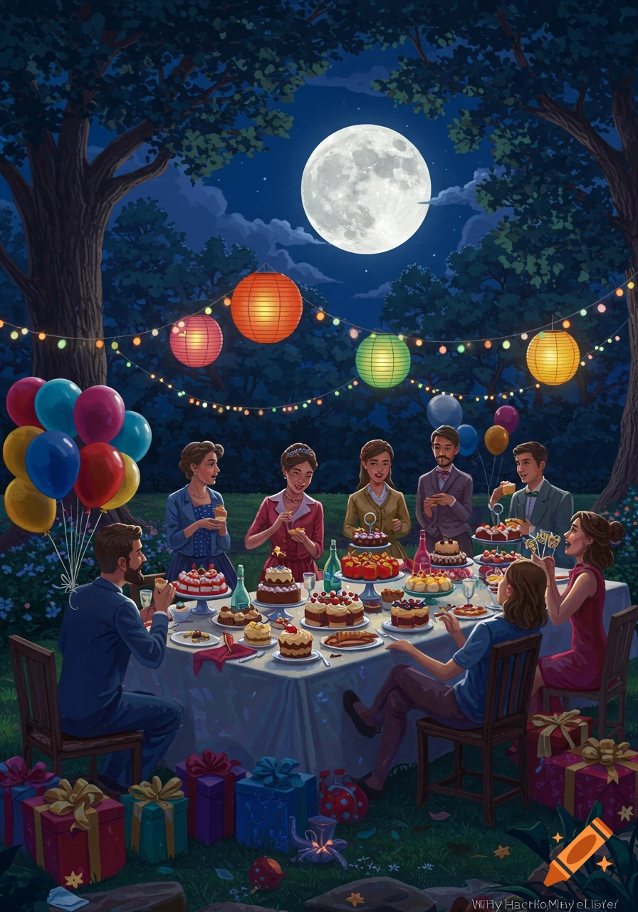 Illustrated scene of a birthday party at night under a full moon. Guests eat cake at a table with lanterns, balloons, and gifts.