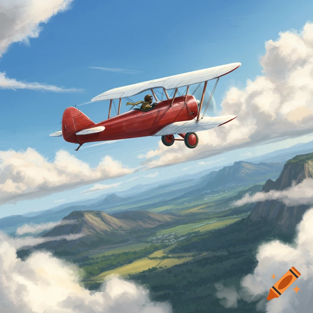 A red biplane with a pilot soars above clouds and mountains under a blue sky, in an illustrated style.