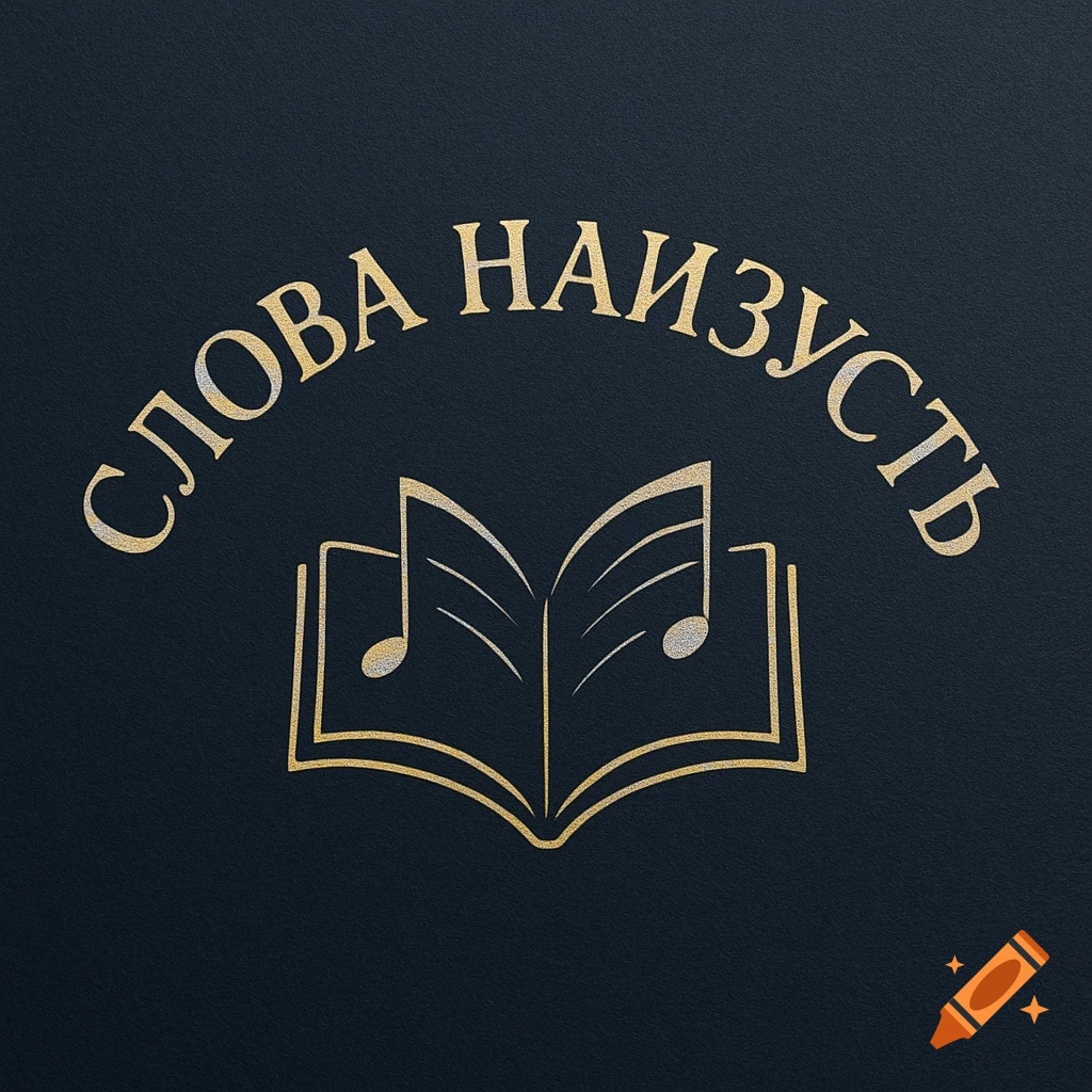 Golden logo with Russian text 'СЛОВА НАИЗУСТЬ' and an open book icon with musical notes on a dark textured background.
