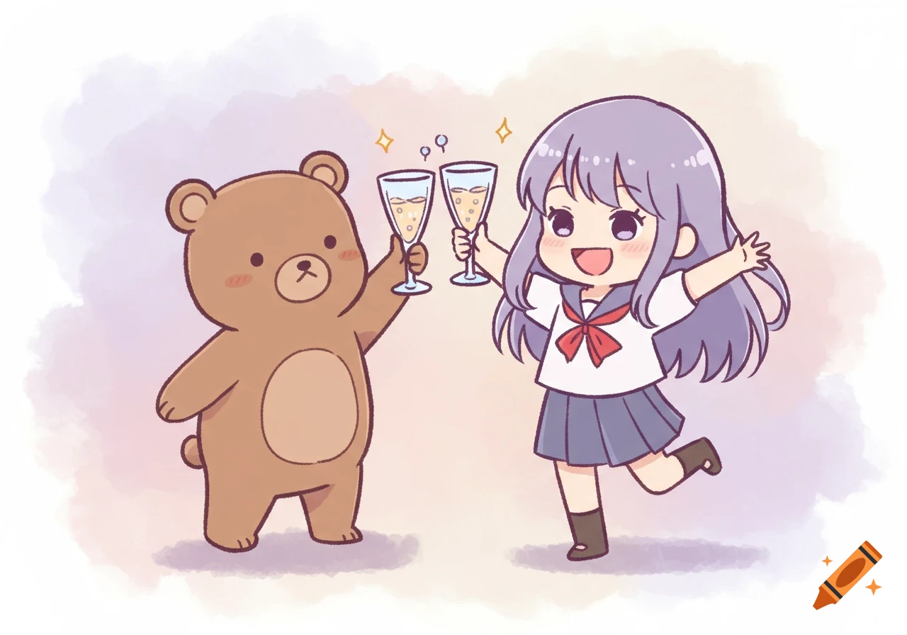A cheerful anime girl with purple hair and a brown bear toast with champagne glasses in a cute, minimalist style.